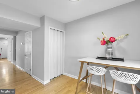 a view of a dining room with furniture