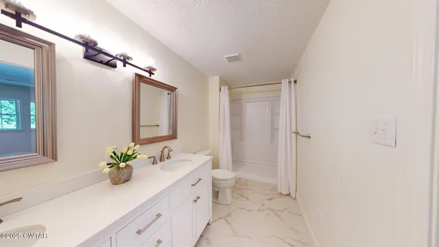 a bathroom with a shower sink vanity and a mirror