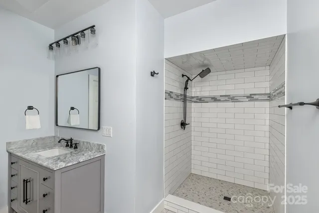a bathroom with a shower sink and mirror