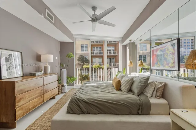 a spacious bedroom with a large bed and a large window