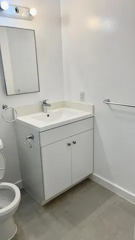 a bathroom with a sink toilet and mirror