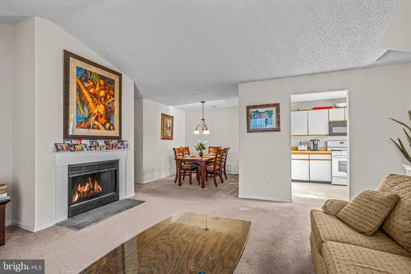 a living room with furniture two window and a fireplace