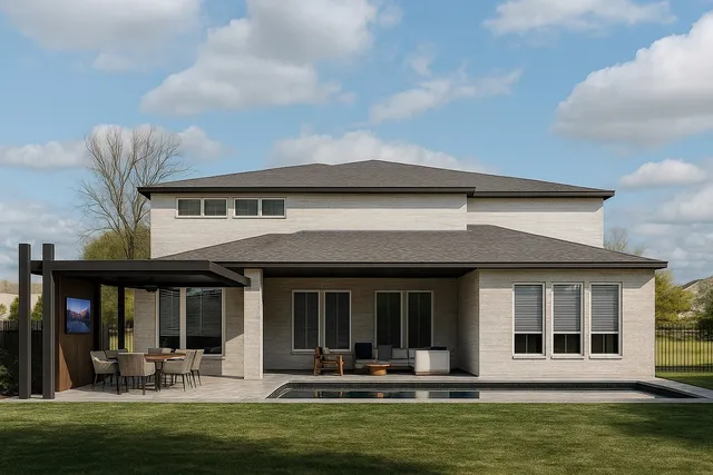 a view of a backyard with wooden floor and roof