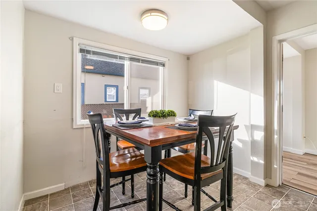 a view of a dining room with furniture