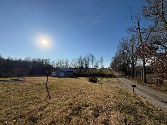 a view of a field with trees in the background