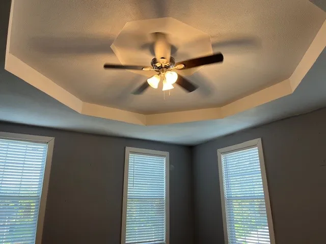 a view of a chandelier fan and windows