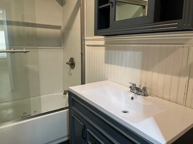 a bathroom with a sink and a mirror