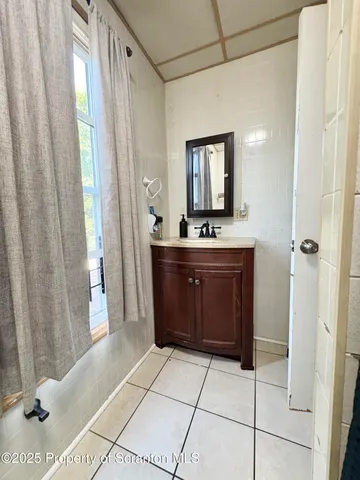 a bathroom with a sink a mirror and a shower