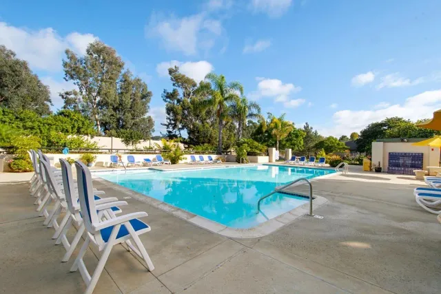 a view of a swimming pool with a patio and a garden
