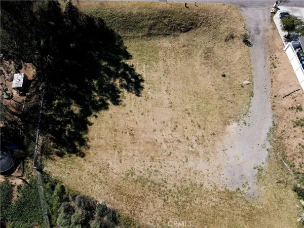 a view of a dry field with trees in background
