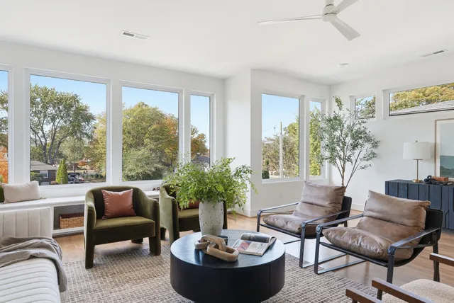 a living room with furniture and a potted plant