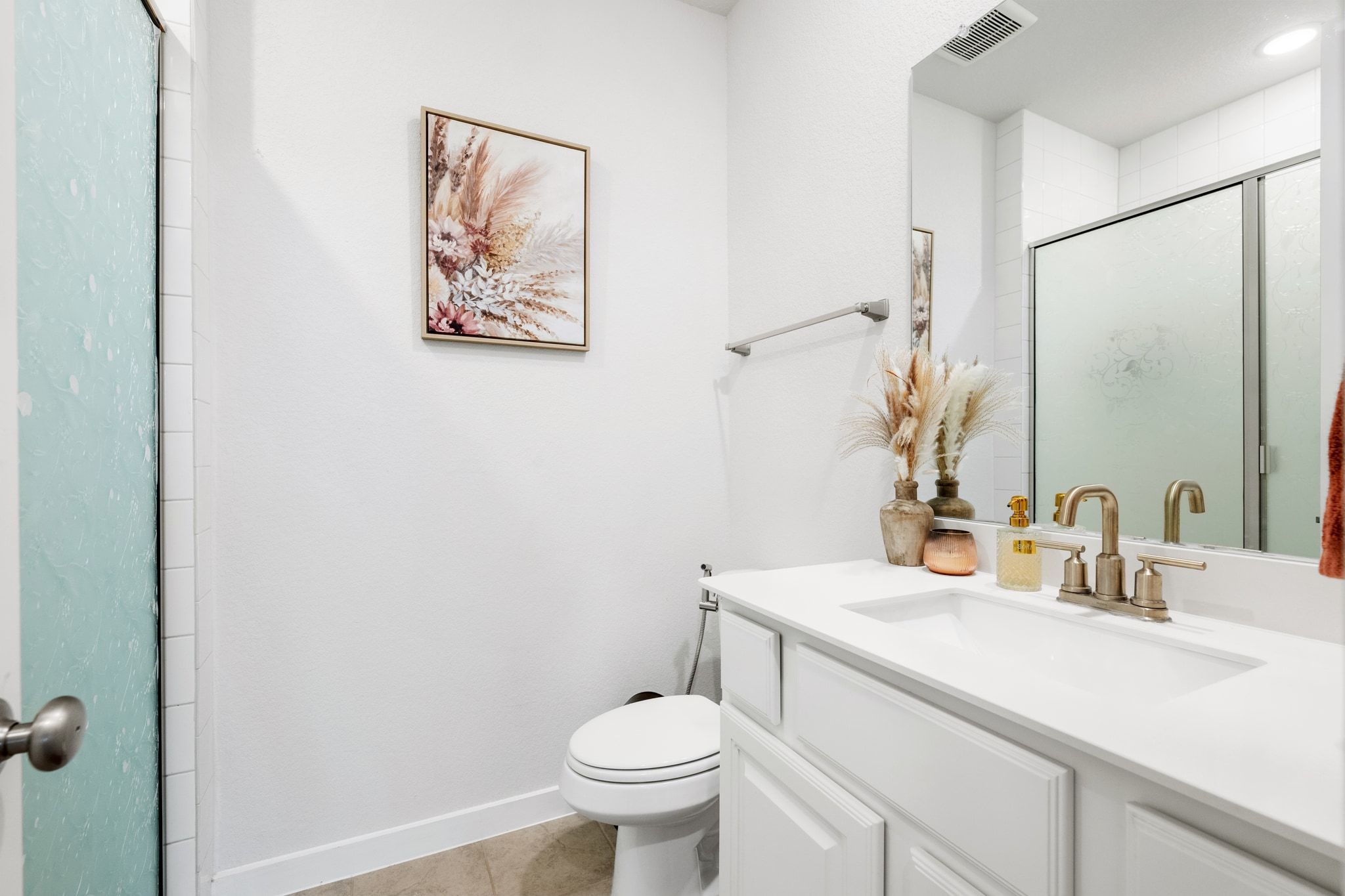 128 Three Oaks Lane Georgetown, TX 78628 - Photo 16 of 40 Full bathroom featuring vanity, a stall shower, and light tile patterned floors