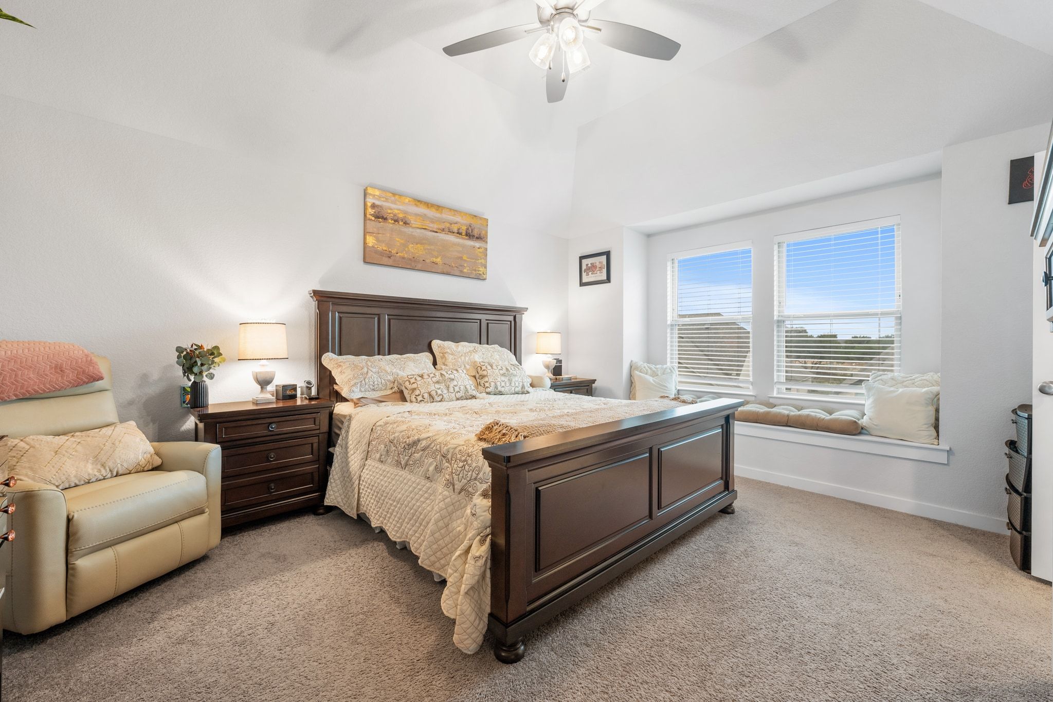 128 Three Oaks Lane Georgetown, TX 78628 - Photo 21 of 40 Bedroom with light carpet, ceiling fan, and vaulted ceiling