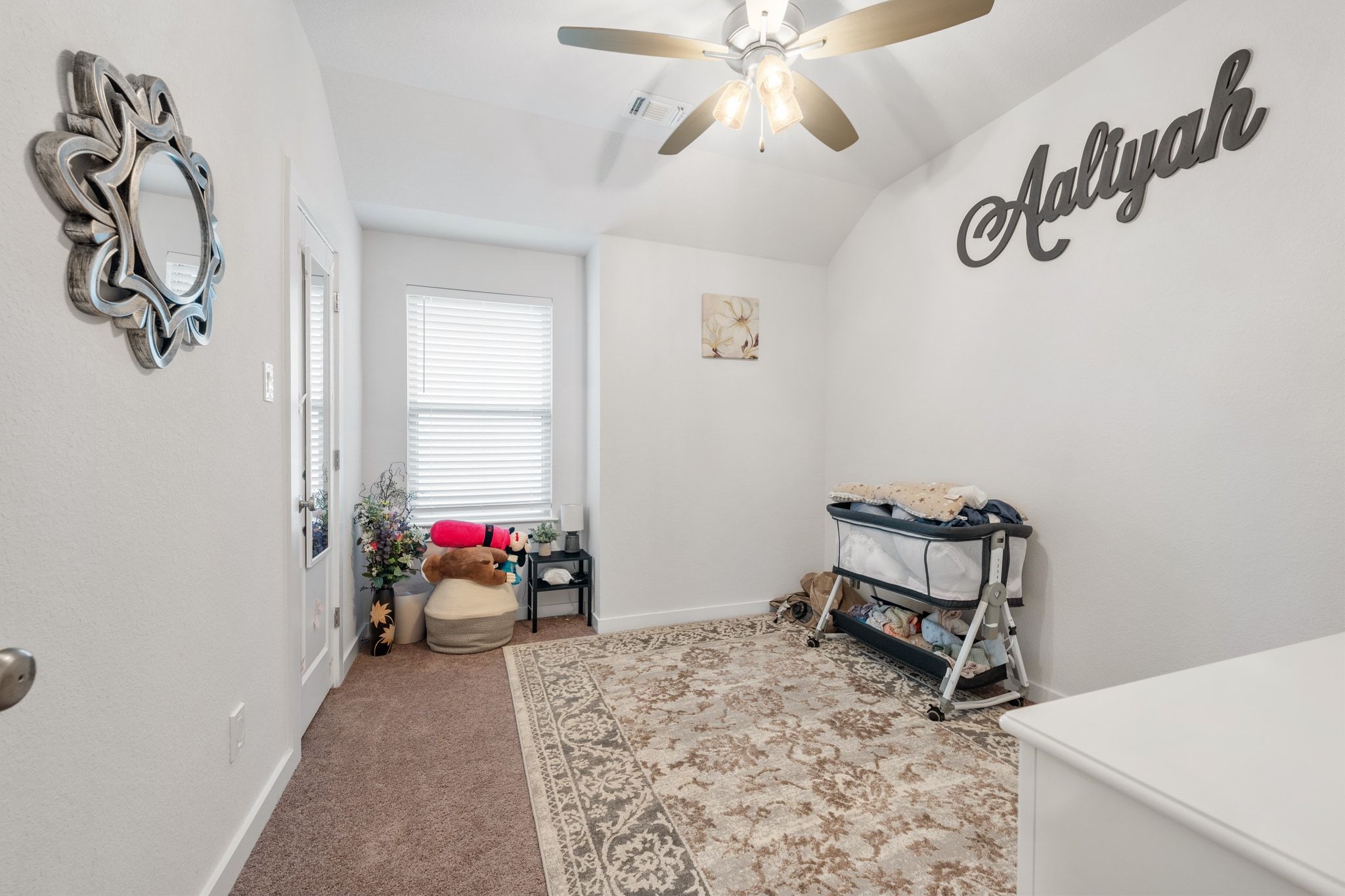 128 Three Oaks Lane Georgetown, TX 78628 - Photo 25 of 40 Bedroom featuring light carpet, ceiling fan, and lofted ceiling