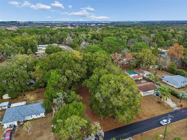 an aerial view of residential houses with outdoor space and trees