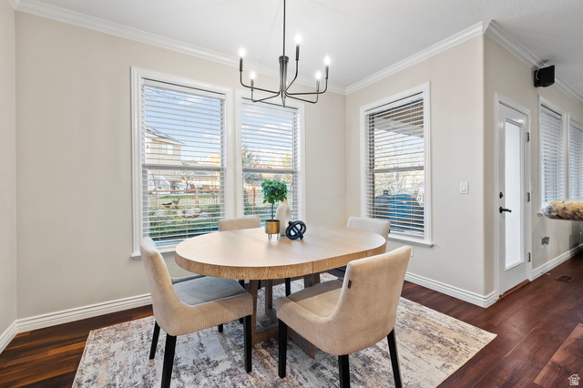 6208 West Bull River Road Highland, UT 84003 - Photo 29 of 90 Dedicated dining area featuring dark wood-finish flooring, white crown molding, and a modern chandelier