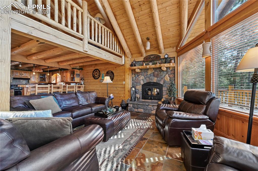 3613 Trail Creek Road Florissant, CO 80816 - Photo 13 of 43 a living room with furniture a fireplace and a floor to ceiling window