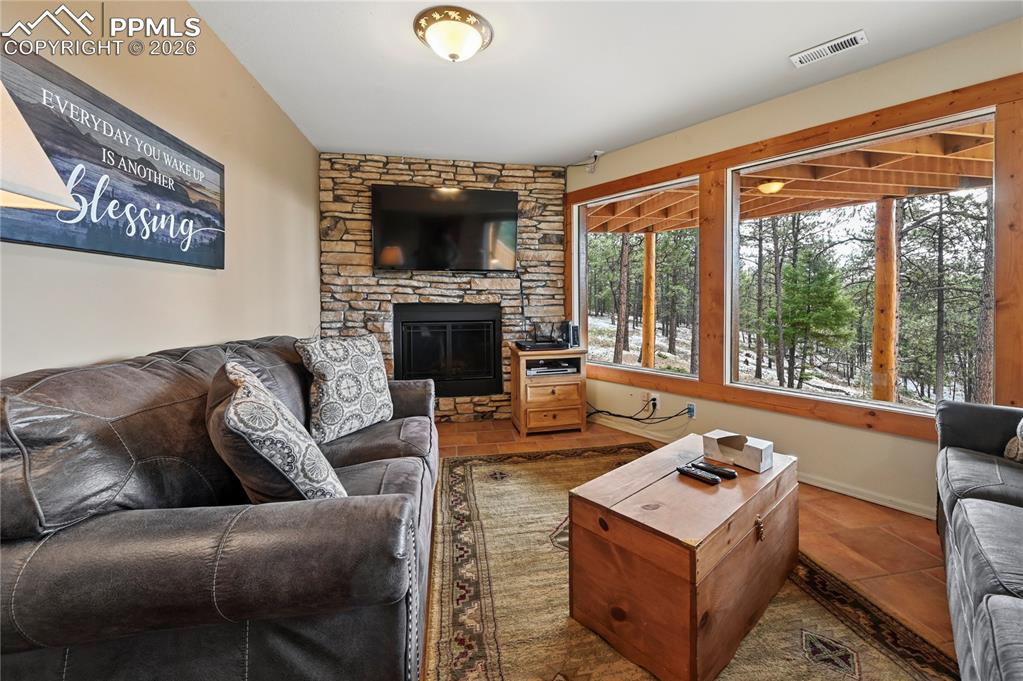 3613 Trail Creek Road Florissant, CO 80816 - Photo 31 of 43 a living room with furniture a flat screen tv and a fireplace