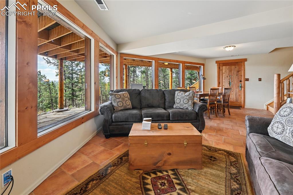 3613 Trail Creek Road Florissant, CO 80816 - Photo 32 of 43 a living room with furniture and large windows