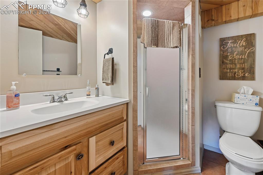 3613 Trail Creek Road Florissant, CO 80816 - Photo 36 of 43 a bathroom with a granite countertop toilet sink and a mirror