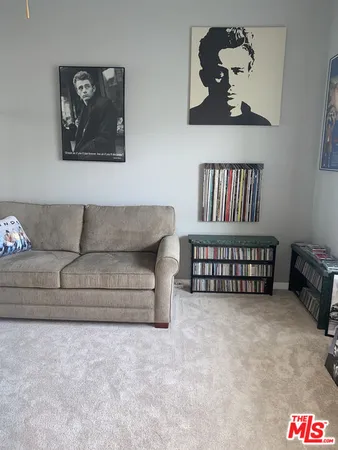 a living room with furniture and a shelf