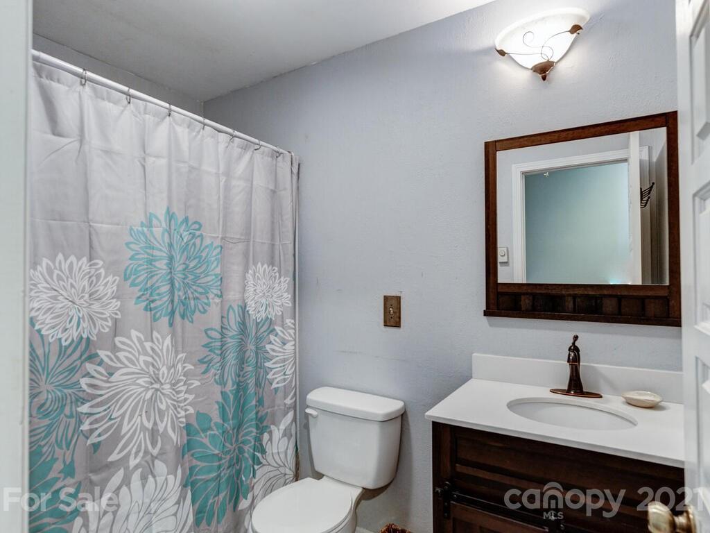 251 Riding High Road Waynesville, NC 28785 - Photo 23 of 41 a bathroom with a granite countertop sink a toilet and mirror
