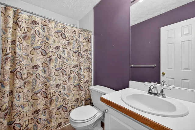 a bathroom with a sink a toilet and shower curtain