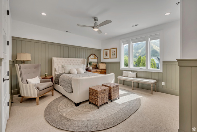 1720 Hillcrest Circle Mapleton, UT 84664 - Photo 63 of 116 Carpeted bedroom featuring wainscoting, ceiling fan, recessed lighting, and a decorative wall