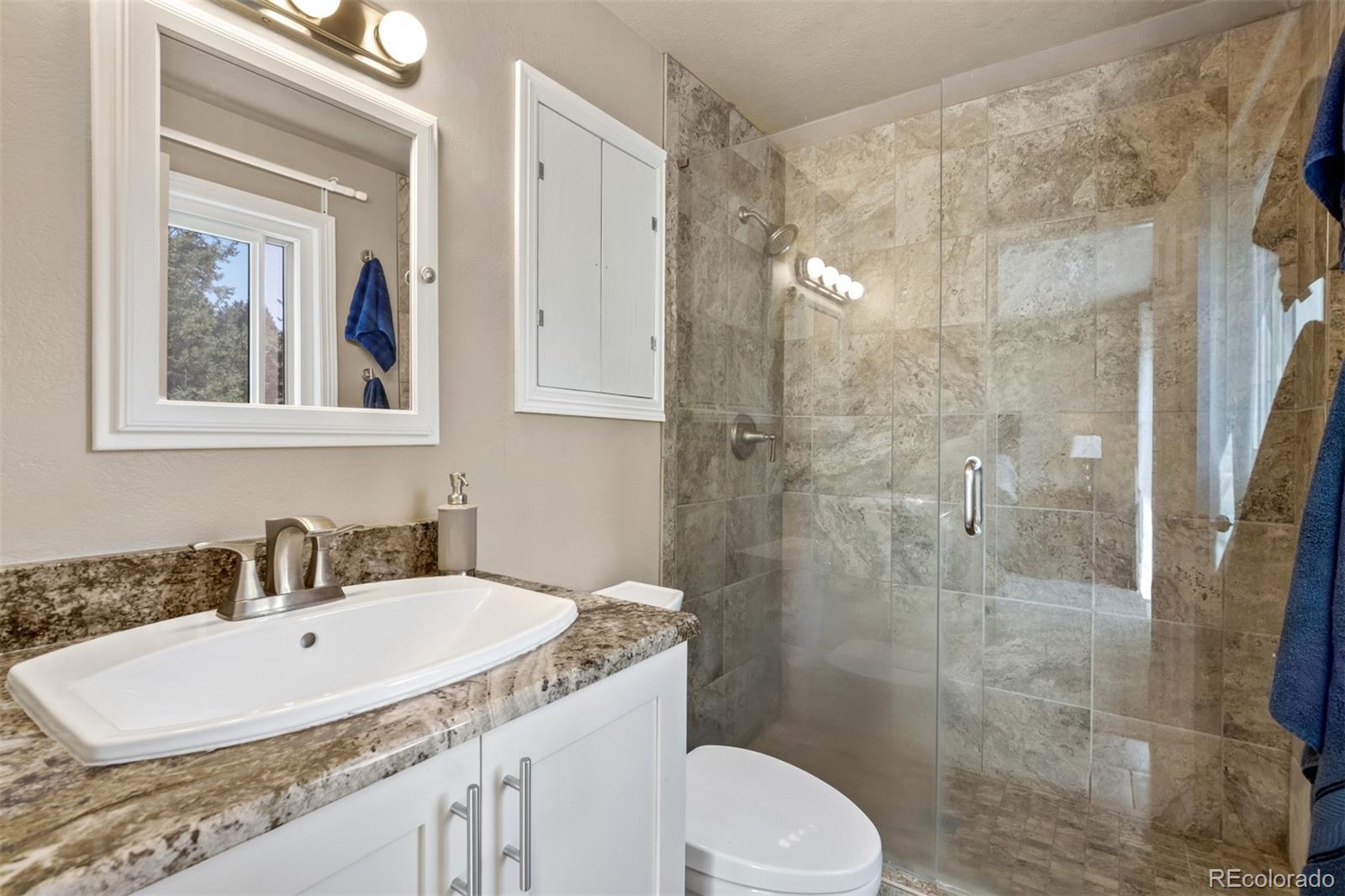 6637 High Drive Morrison, CO 80465 - Photo 14 of 28 a bathroom with a granite countertop sink toilet and shower