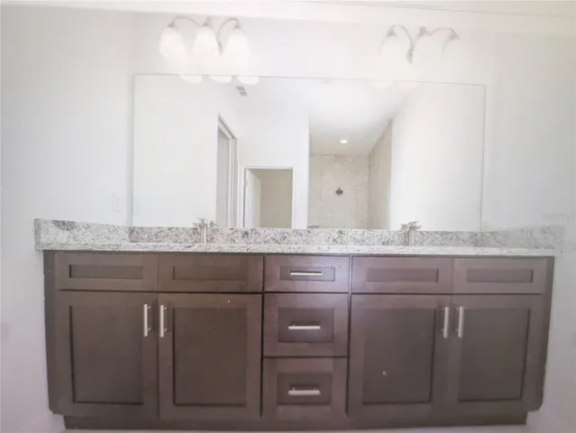a bathroom with a granite countertop sink vanity and a large mirror
