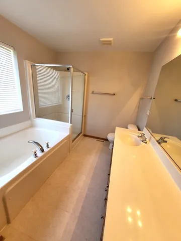 a bathroom with a tub sink and mirror