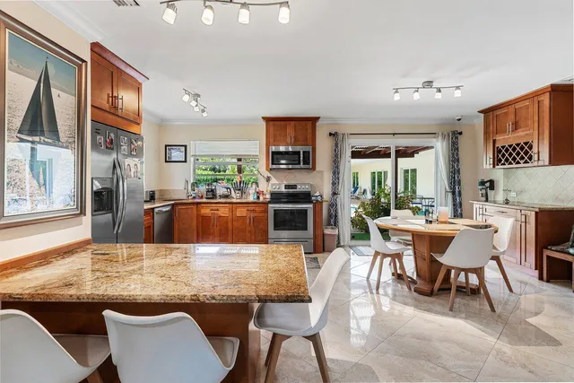 a view of a dining room with furniture