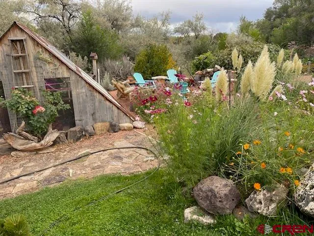 a view of a chairs and table in the backyard