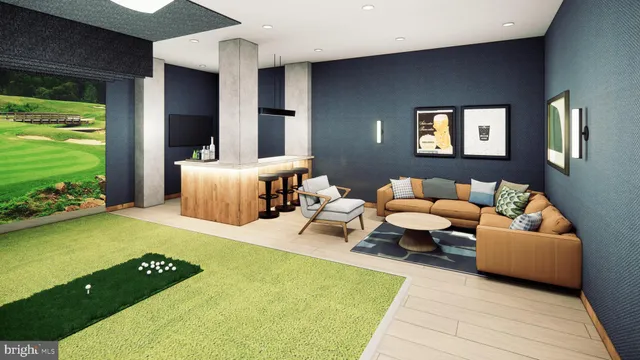 a living room with patio furniture and a rug