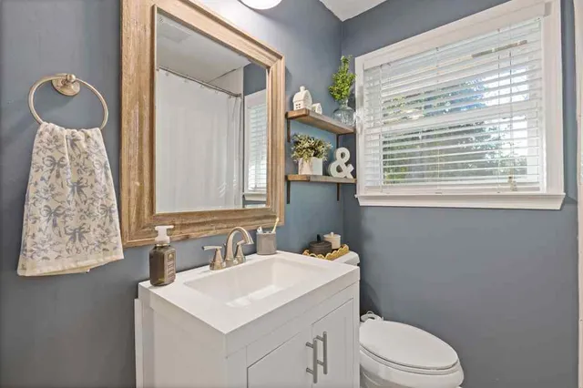 a bathroom with a sink a toilet and mirror