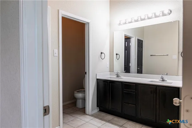 a bathroom with a double vanity sink and a toilet