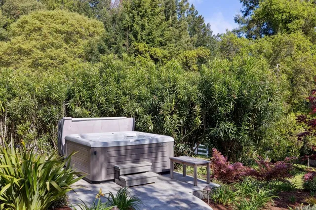 a view of a house with a yard and potted plants