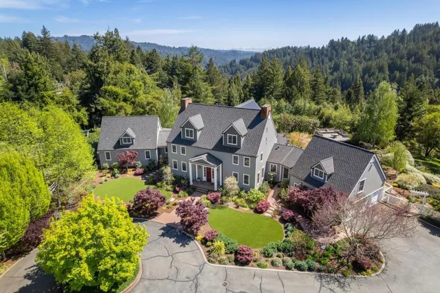 an aerial view of a house with a garden