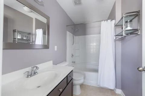 a bathroom with a shower sink vanity mirror and toilet