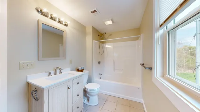 a bathroom with a sink a toilet a mirror and shower