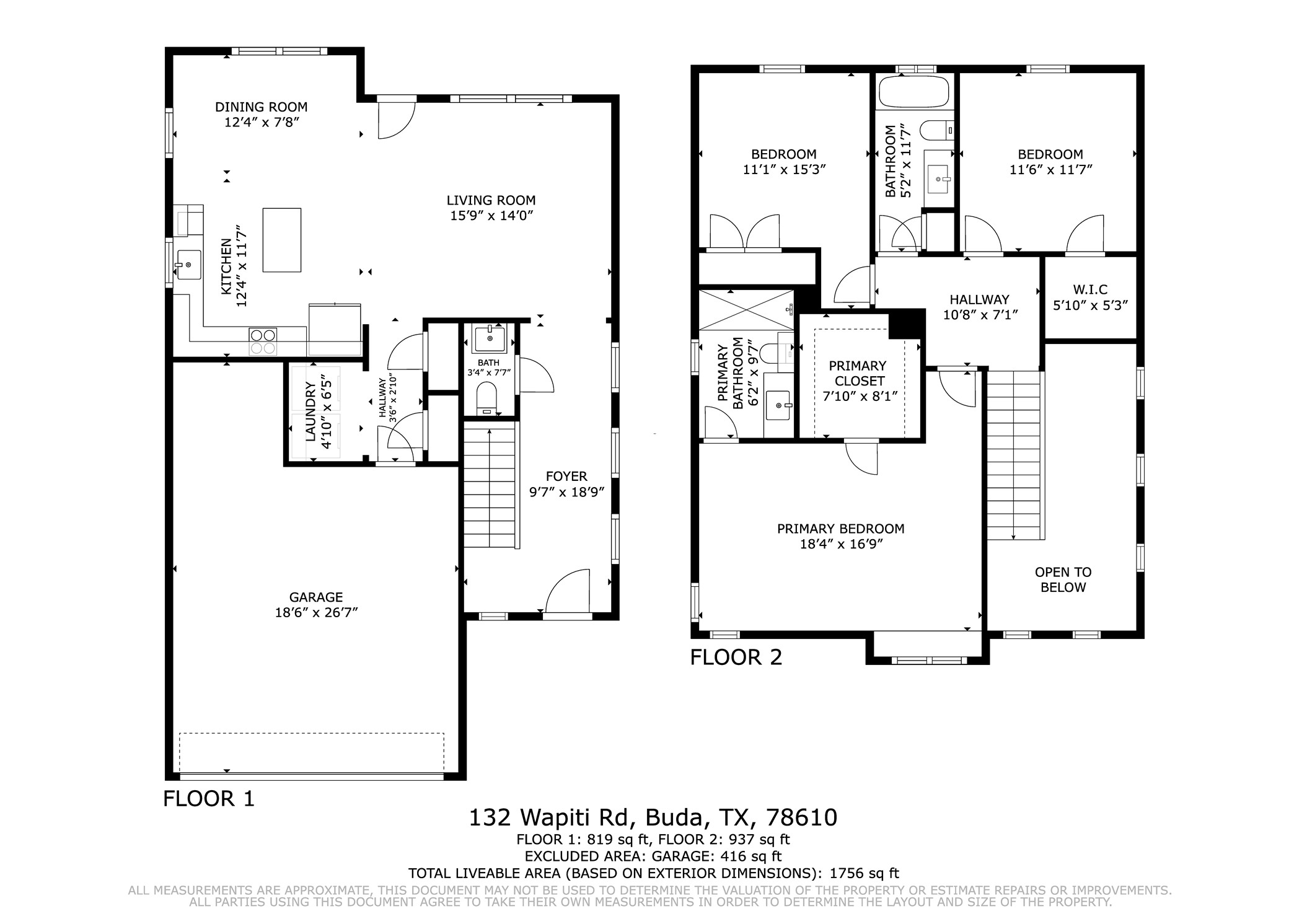 132 Wapiti Road Buda, TX 78610 - Photo 31 of 31 A clear floor plan illustrates the thoughtful layout and ample room dimensions across two levels.
