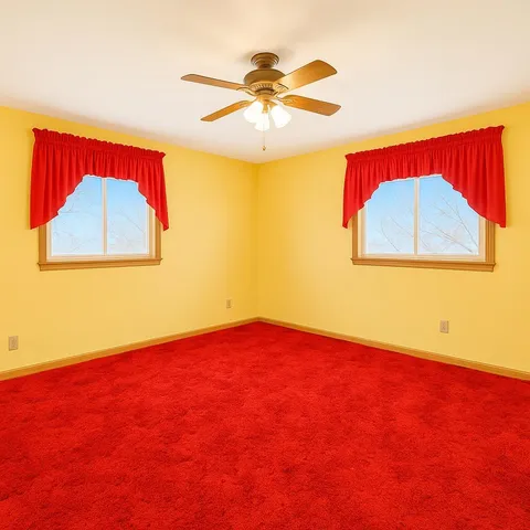 an empty room with a ceiling fan and a window