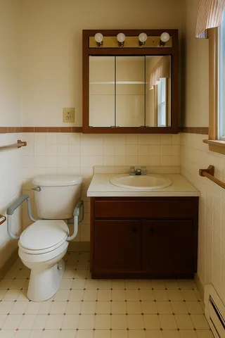 a bathroom with a sink a toilet and mirror