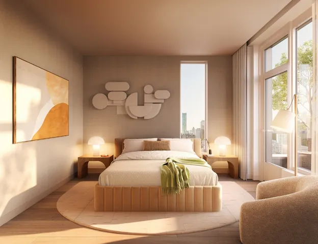 a bed room with two bed and a large window