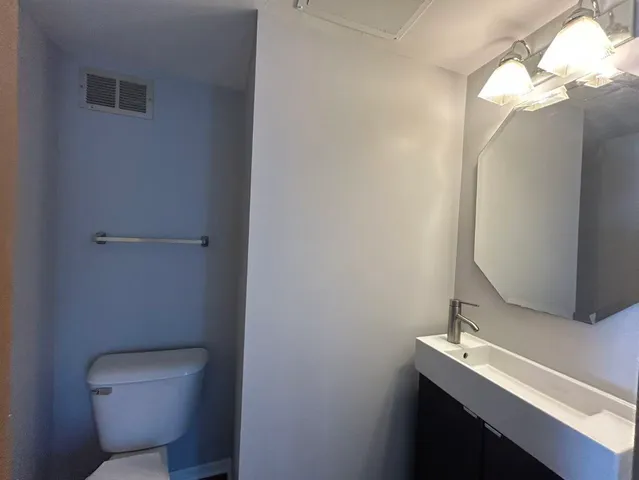 a bathroom with a toilet sink and vanity
