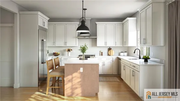 a kitchen with a sink window and cabinets