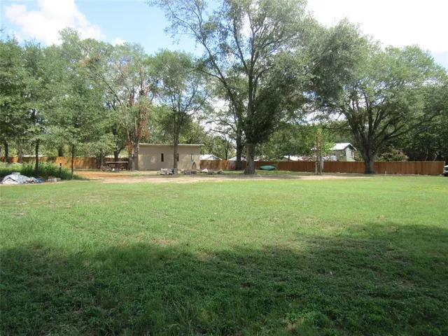 a view of a park with large trees