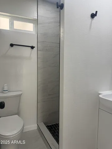 a bathroom with a toilet and a shower