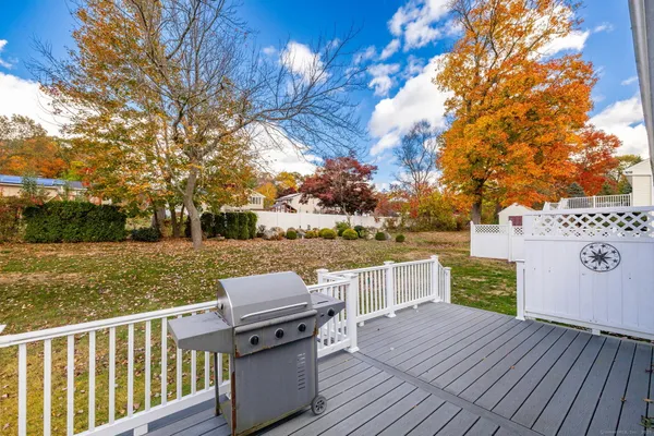 a view of a deck with wooden floor and barbeque oven