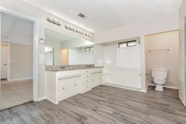 a bathroom with a granite countertop sink toilet a large mirror a vanity and a